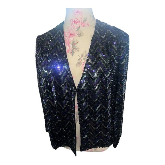 Vintage three flags Black Sequin Open Front Jacket with Structured Shoulders - Picture 5 of 13